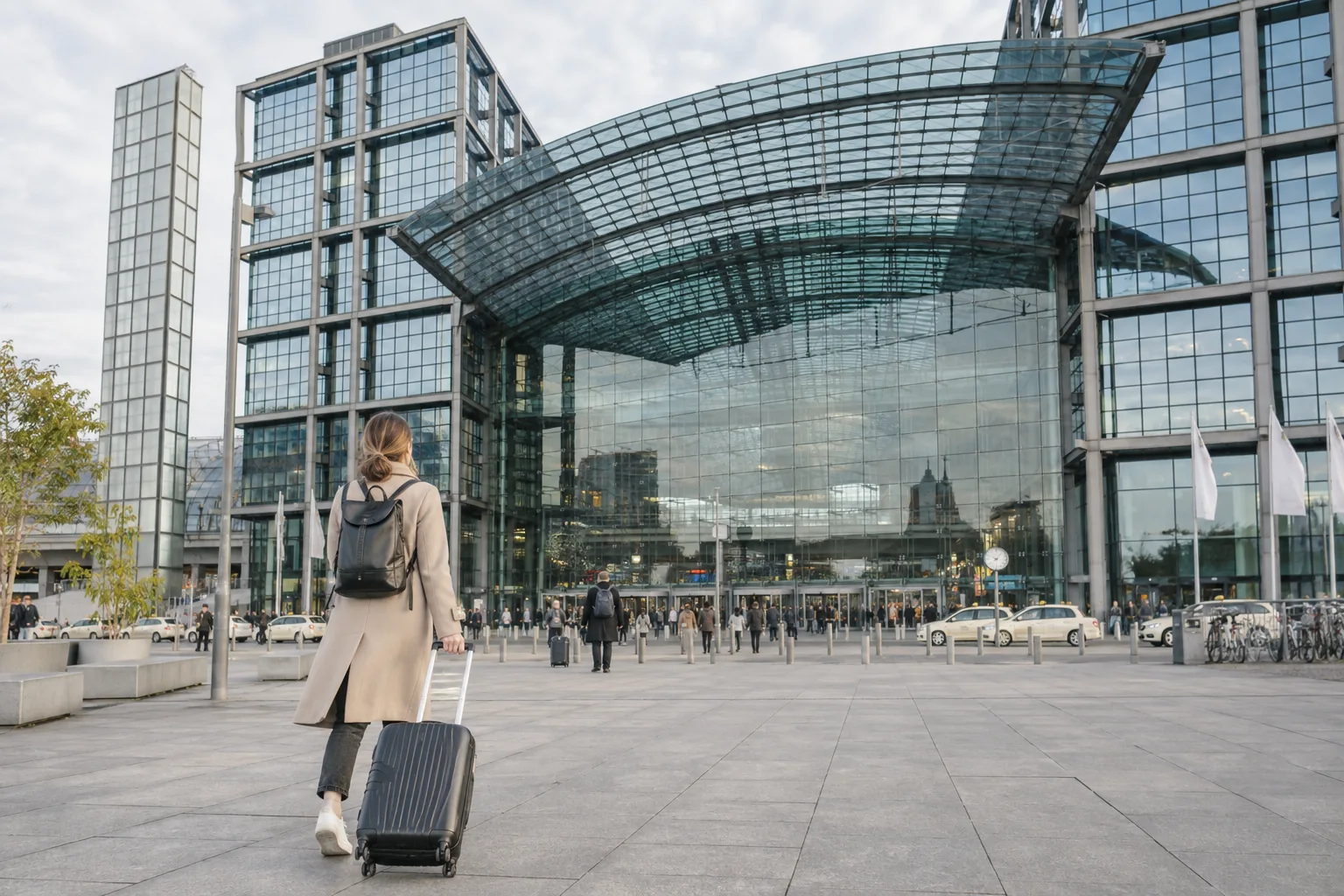 Die Glasfassade des Hamburger Hauptbahnhofs mit einer reisenden Person davor