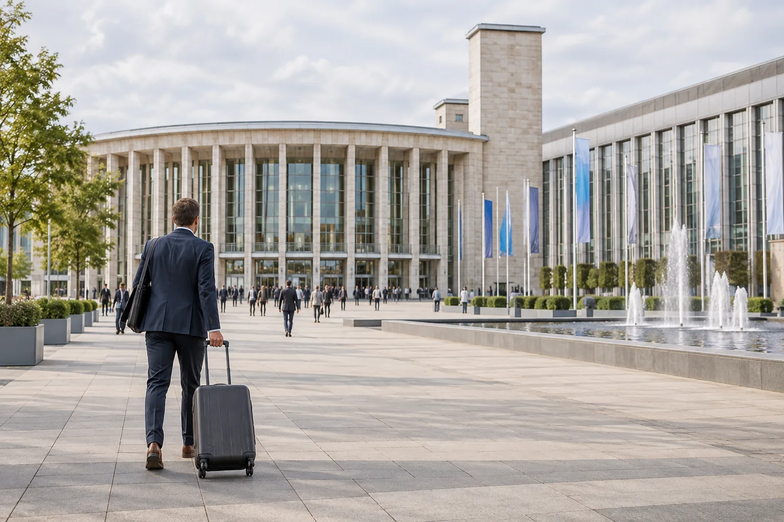 Reisender mit Rollkoffer vor den Eingangshallen der Messe Hamburg