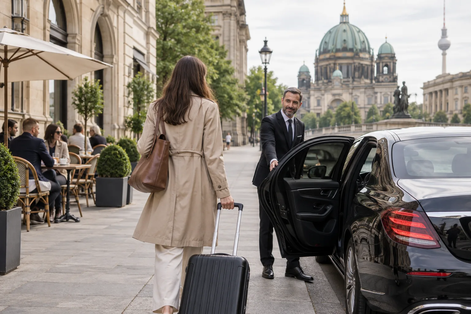 Reisende steigen mit Koffern vor einem Hotel in der Hamburger Innenstadt aus einem Transferfahrzeug