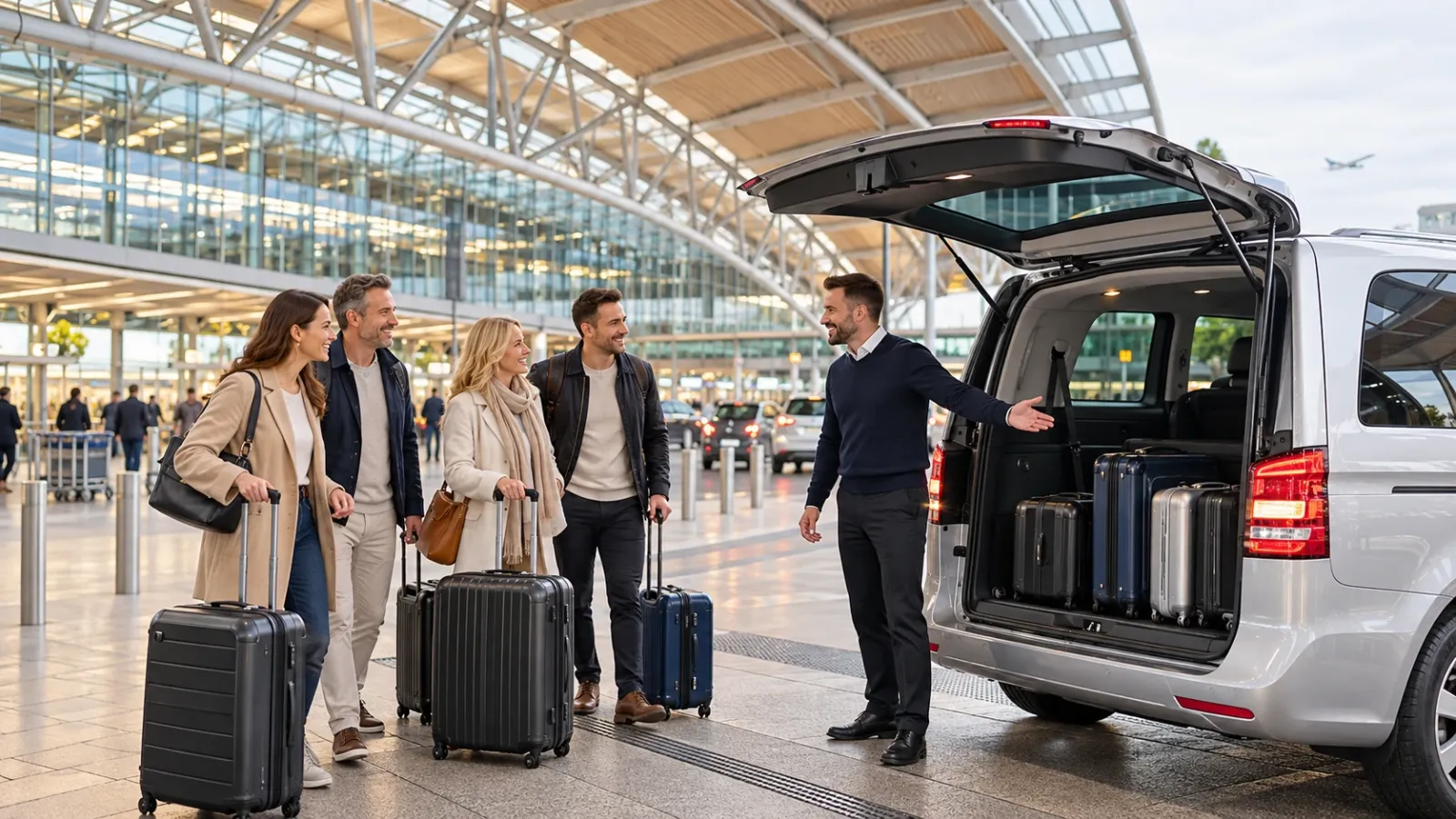 Friendly driver with a modern transfer vehicle outside the bright Hamburg Airport terminal