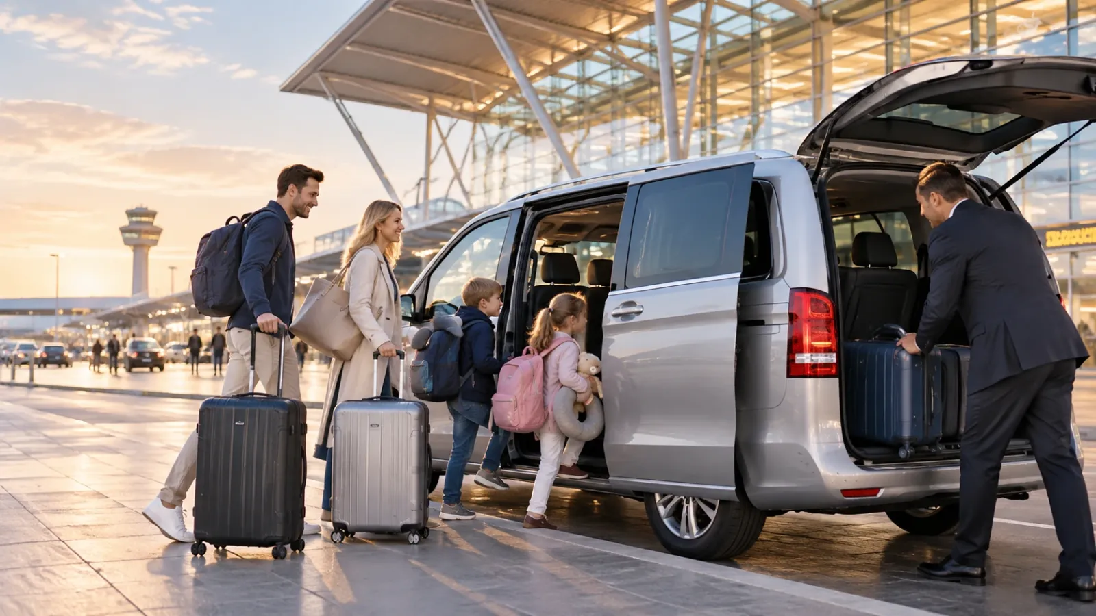 Family with children and suitcases arriving at a bright airport terminal in the early morning