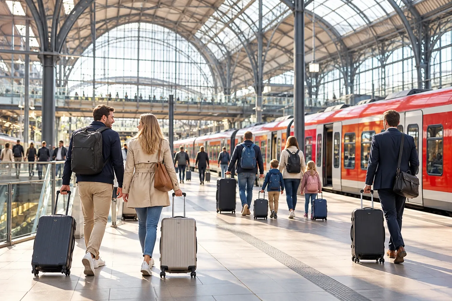 Reisende mit Koffern auf dem Weg vom Hamburger Hauptbahnhof zum Flughafen
