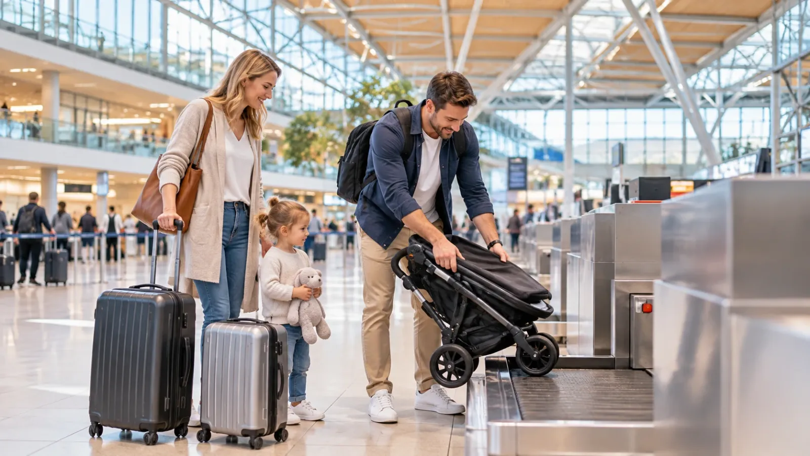 Family with a foldable stroller and suitcases inside a bright airport terminal