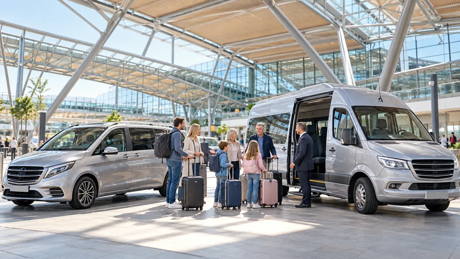 Modern minivan and minibus with travellers and luggage outside a bright airport terminal