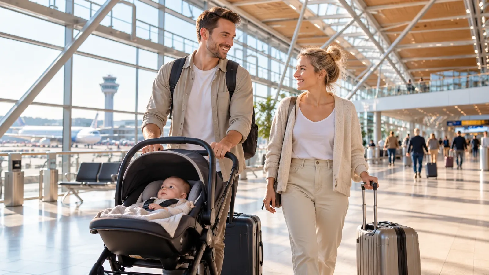 Junge Familie mit Baby, Kinderwagen und Gepäck vor einem hellen modernen Flughafen-Terminal