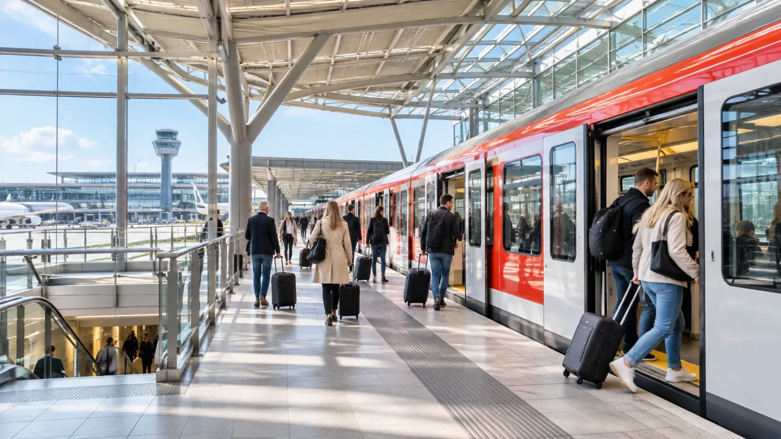 Moderne S-Bahn-Station am Flughafen Hamburg mit hellem Bahnsteig und Reisenden