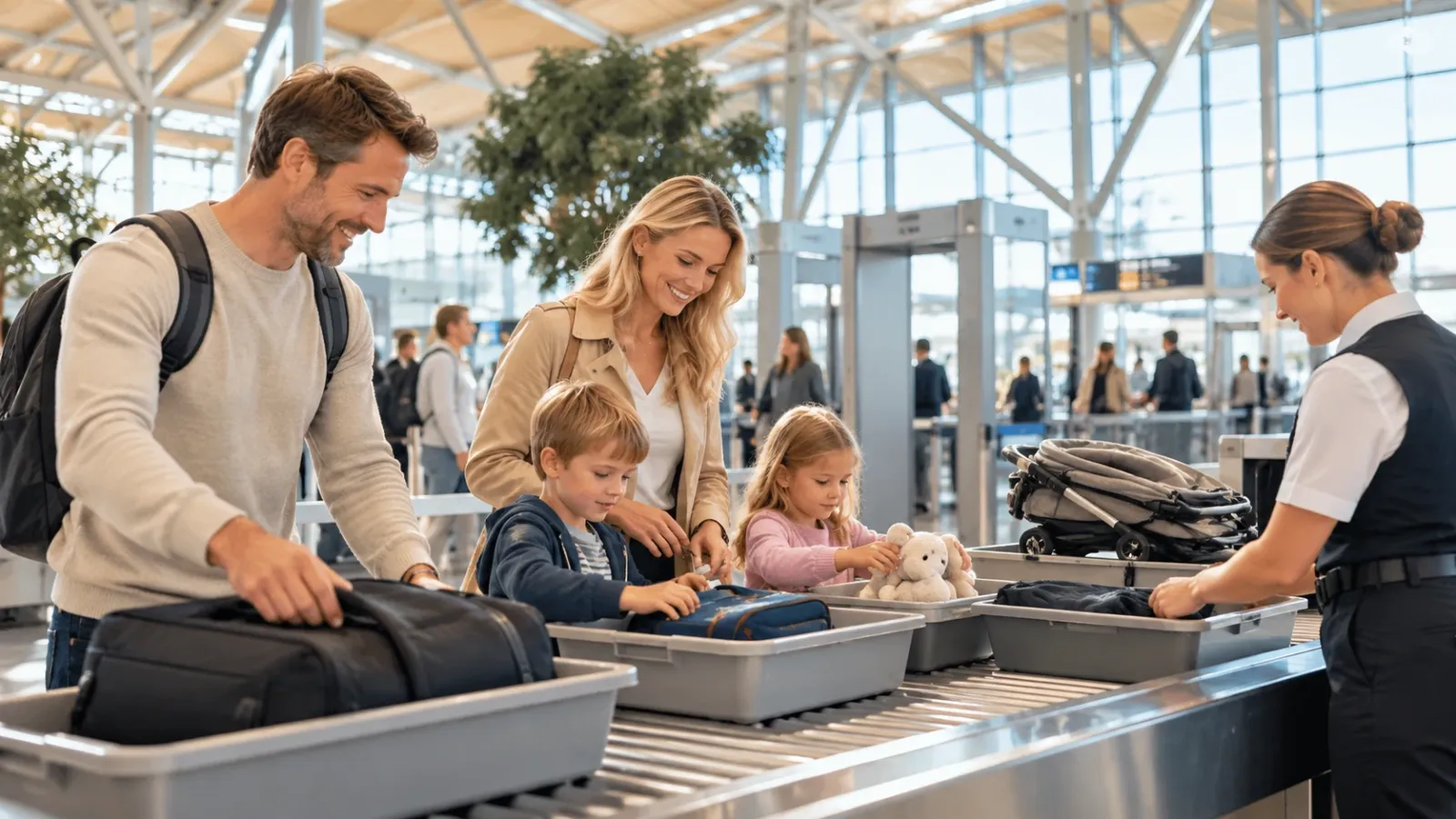 Family with children and cabin bags at a bright modern airport security checkpoint