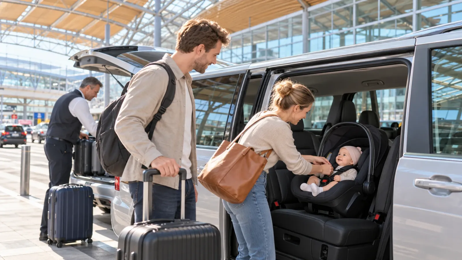 Parents with a baby, infant carrier and luggage boarding a bright airport transfer vehicle