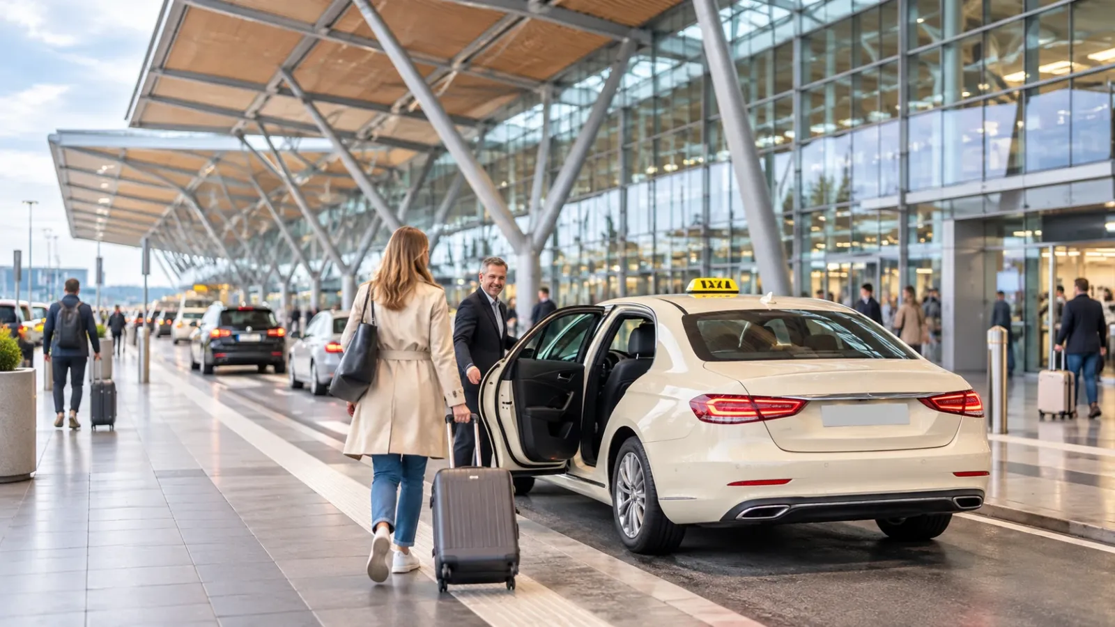 Heller moderner Ankunftsbereich am Flughafen Hamburg mit Reisenden und Gepäck